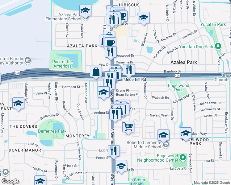 map of restaurants, bars, coffee shops, grocery stores, and more near in Orlando