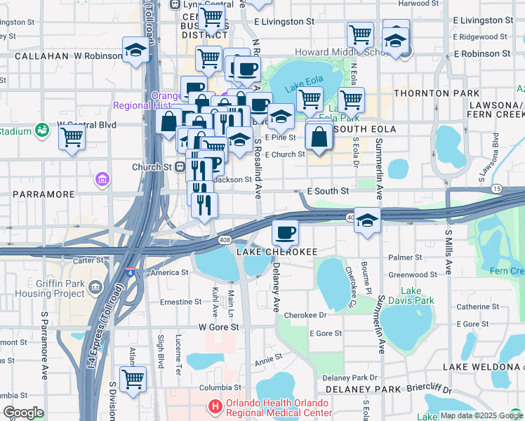 map of restaurants, bars, coffee shops, grocery stores, and more near 204 East South Street in Orlando