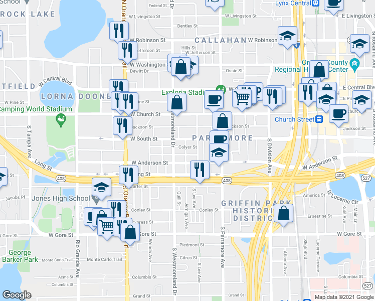 map of restaurants, bars, coffee shops, grocery stores, and more near 808 Colyer Street in Orlando