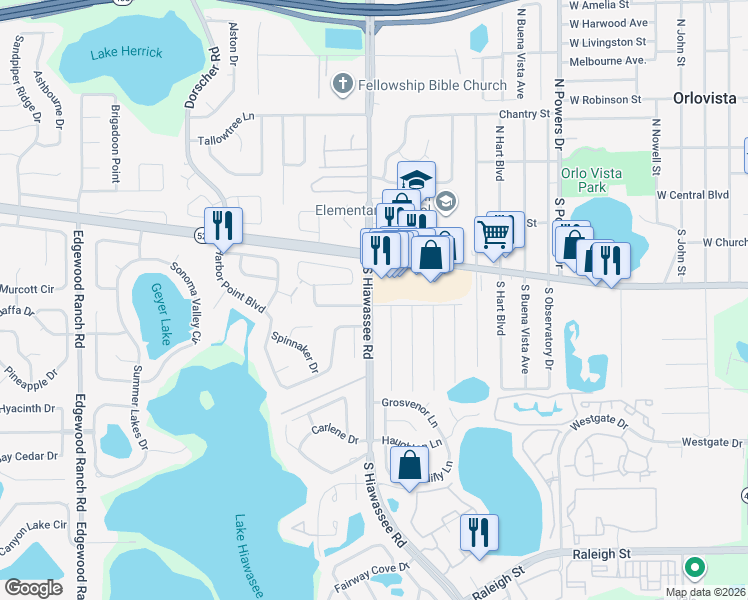 map of restaurants, bars, coffee shops, grocery stores, and more near 141 South Hiawassee Road in Orlando