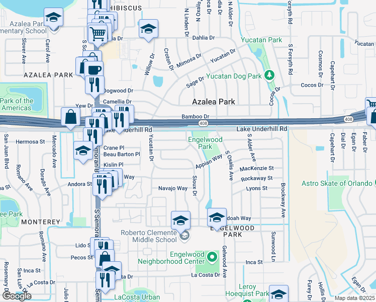 map of restaurants, bars, coffee shops, grocery stores, and more near 6032 Chenango Lane in Orlando
