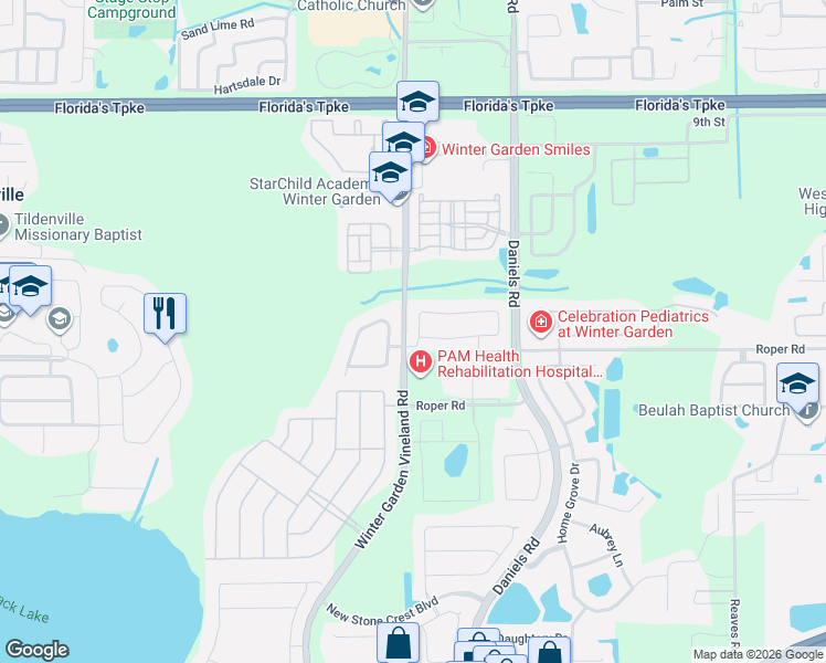 map of restaurants, bars, coffee shops, grocery stores, and more near 14119 Creekbed Circle in Winter Garden