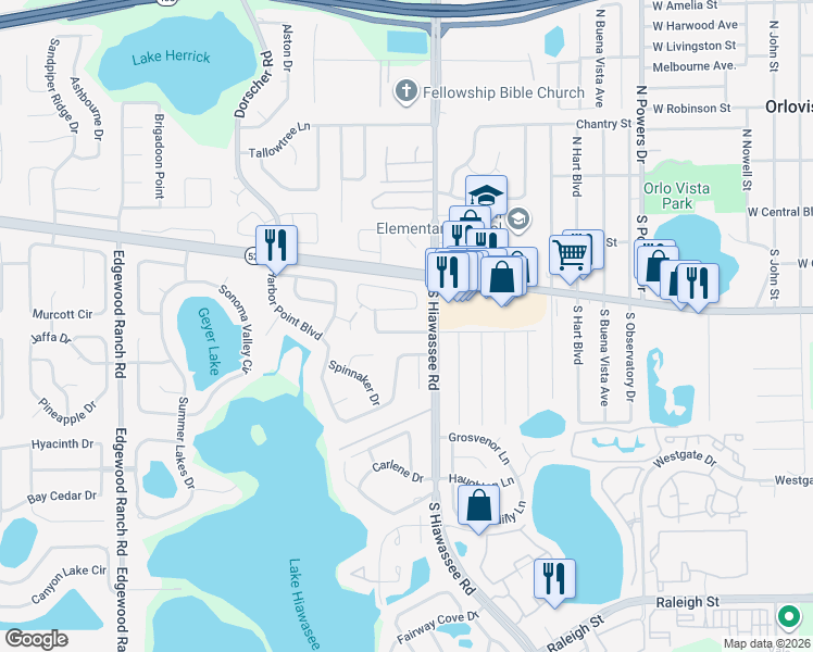 map of restaurants, bars, coffee shops, grocery stores, and more near 7029 Harbor Heights Drive in Orlando