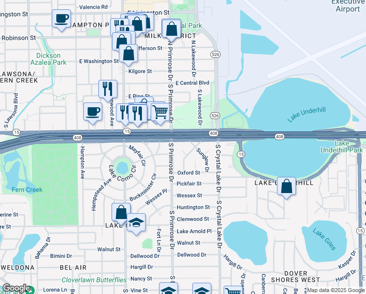 map of restaurants, bars, coffee shops, grocery stores, and more near 439 Sunrise Court in Orlando