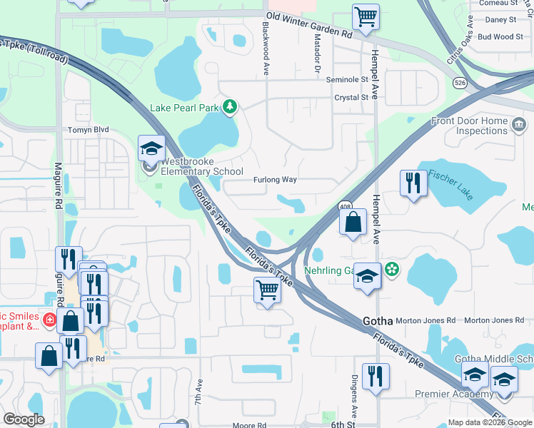 map of restaurants, bars, coffee shops, grocery stores, and more near 3231 Furlong Way in Gotha
