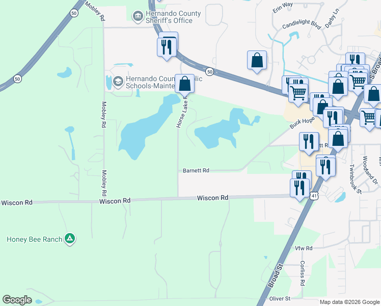 map of restaurants, bars, coffee shops, grocery stores, and more near 7356 Horse Lake Road in Brooksville