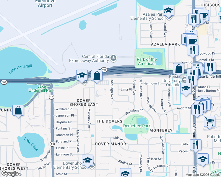map of restaurants, bars, coffee shops, grocery stores, and more near 450 Santiago Avenue in Orlando