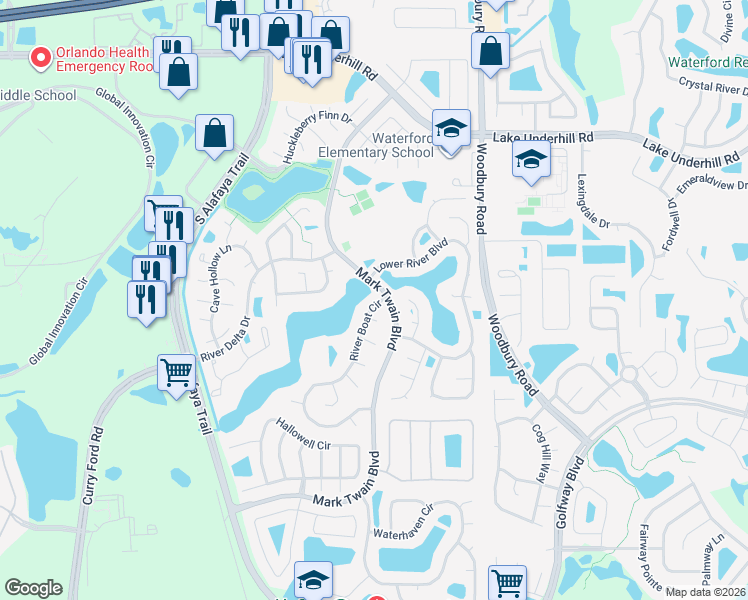 map of restaurants, bars, coffee shops, grocery stores, and more near 704 River Boat Circle in Orlando