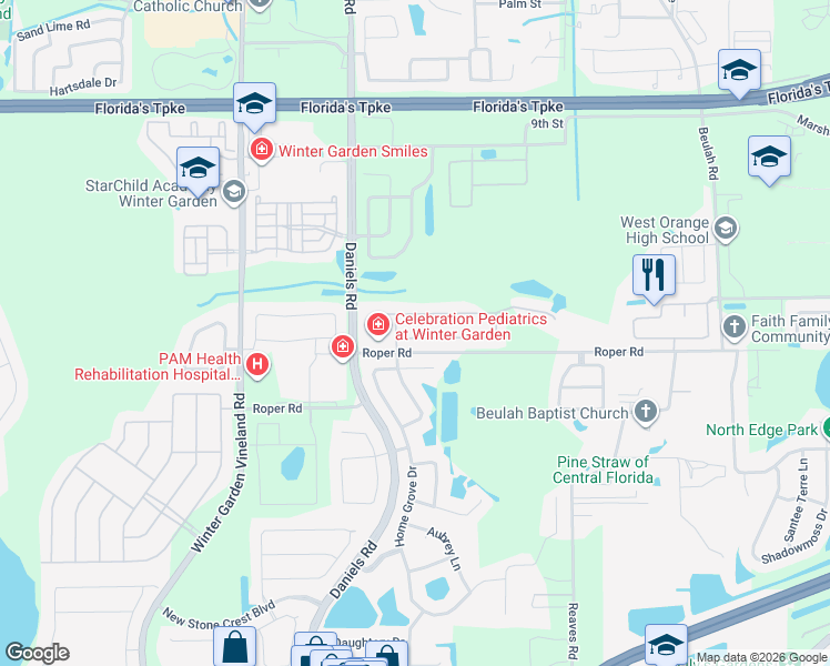 map of restaurants, bars, coffee shops, grocery stores, and more near 301 Country Cottage Lane in Winter Garden