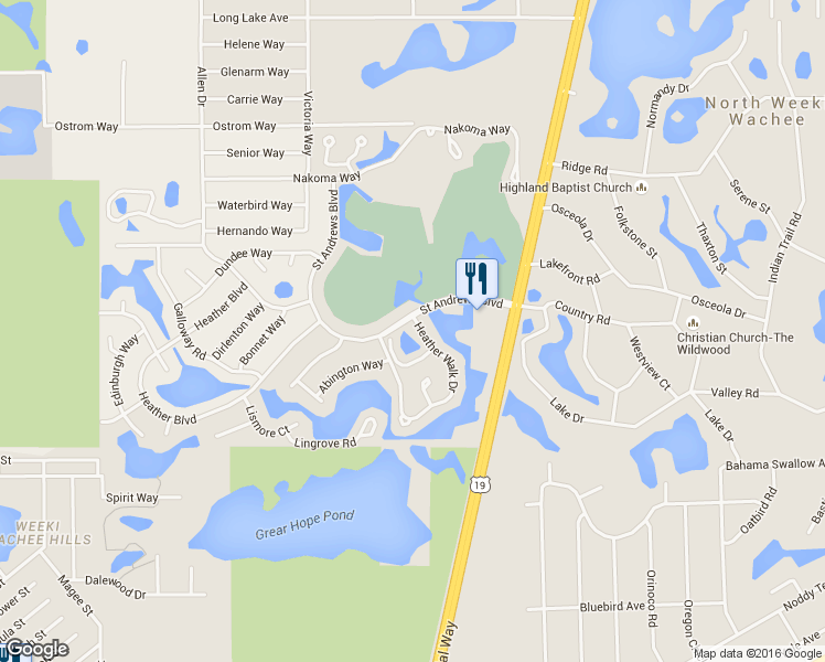 map of restaurants, bars, coffee shops, grocery stores, and more near 7569 Heather Walk Drive in Weeki Wachee