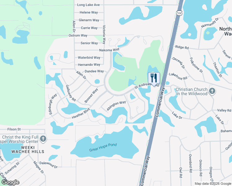 map of restaurants, bars, coffee shops, grocery stores, and more near 7586 Saint Andrews Boulevard in Weeki Wachee