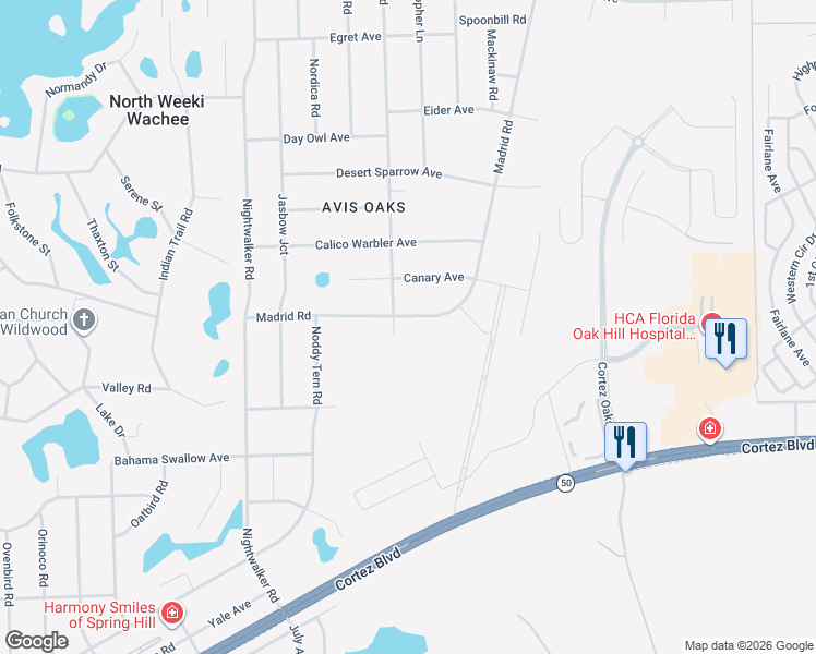 map of restaurants, bars, coffee shops, grocery stores, and more near 7314 Madrid Road in Spring Hill
