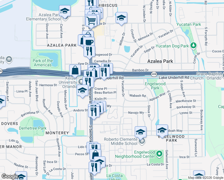 map of restaurants, bars, coffee shops, grocery stores, and more near 5830 Crane Place in Orlando