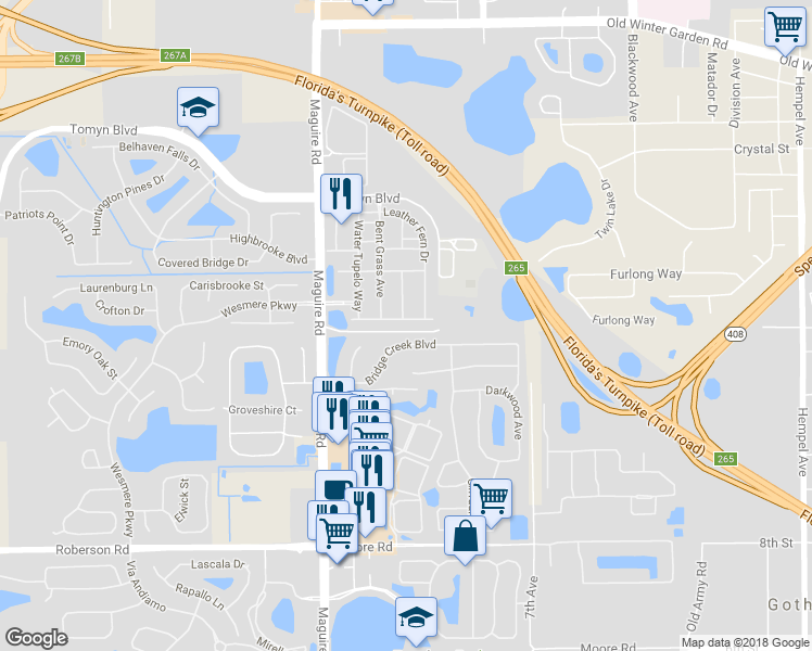 map of restaurants, bars, coffee shops, grocery stores, and more near 321 White Dogwood Lane in Ocoee