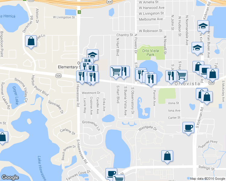 map of restaurants, bars, coffee shops, grocery stores, and more near 311 South Lancelot Avenue in Orlando