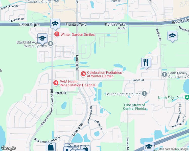 map of restaurants, bars, coffee shops, grocery stores, and more near 301 Country Cottage Lane in Winter Garden