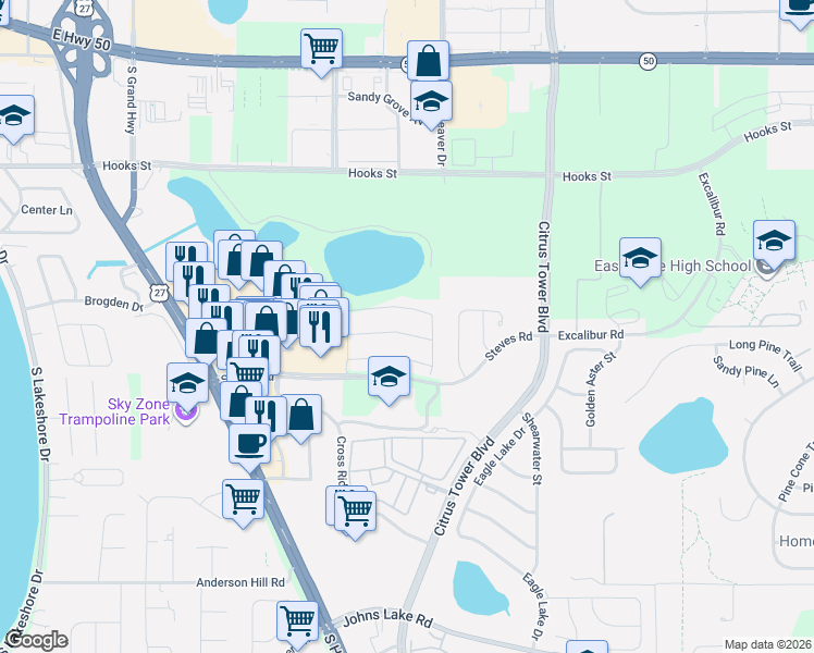 map of restaurants, bars, coffee shops, grocery stores, and more near 1452 Cabot Drive in Clermont