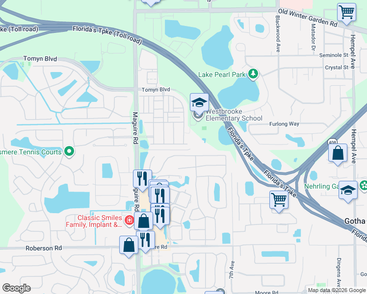 map of restaurants, bars, coffee shops, grocery stores, and more near 321 White Dogwood Lane in Ocoee