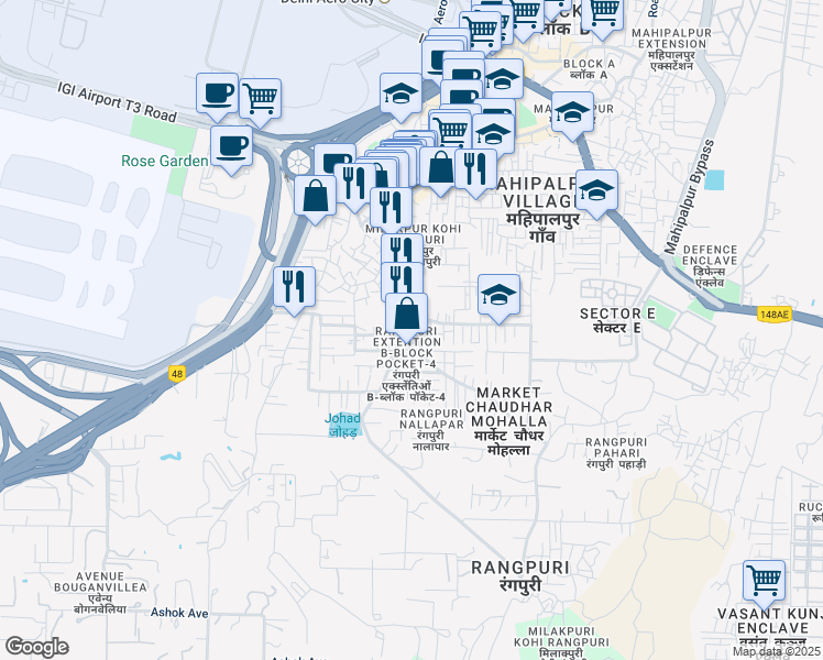 map of restaurants, bars, coffee shops, grocery stores, and more near B Block Road in New Delhi