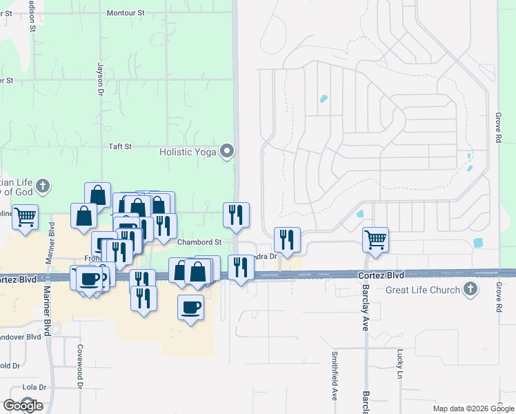 map of restaurants, bars, coffee shops, grocery stores, and more near 14290 Brookridge Boulevard in Brooksville