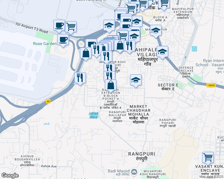 map of restaurants, bars, coffee shops, grocery stores, and more near B Block Road in New Delhi
