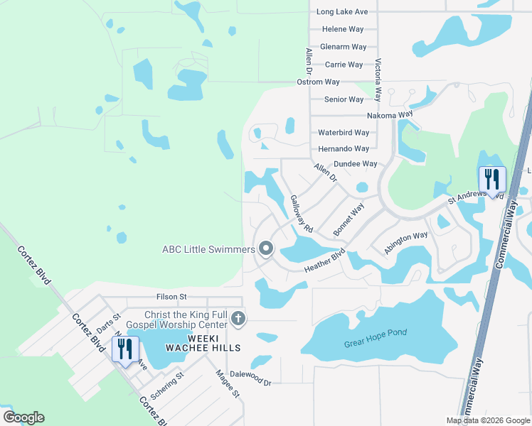 map of restaurants, bars, coffee shops, grocery stores, and more near 7411 Glasgow Road in Weeki Wachee