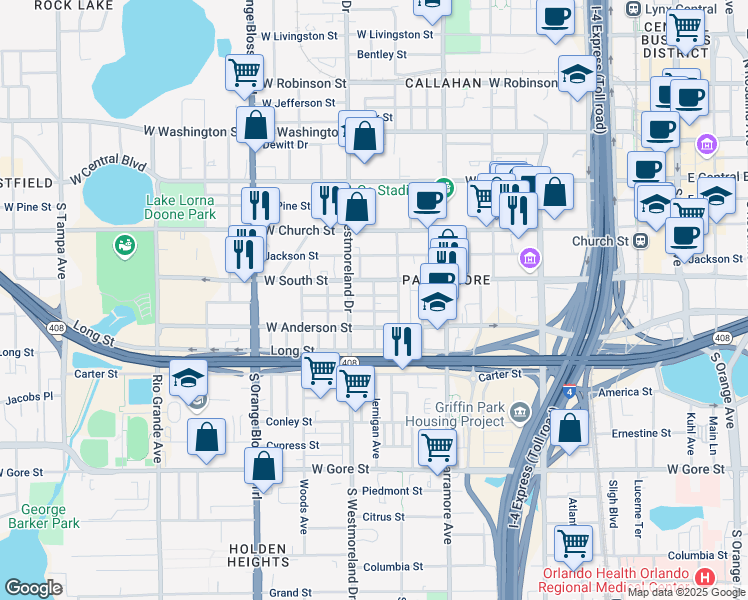 map of restaurants, bars, coffee shops, grocery stores, and more near 808 Colyer Street in Orlando