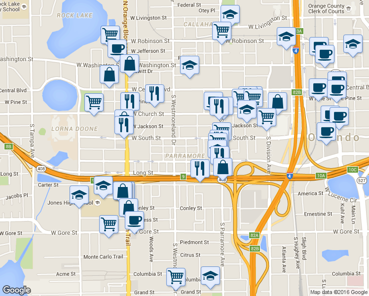 map of restaurants, bars, coffee shops, grocery stores, and more near 808 Colyer Street in Orlando