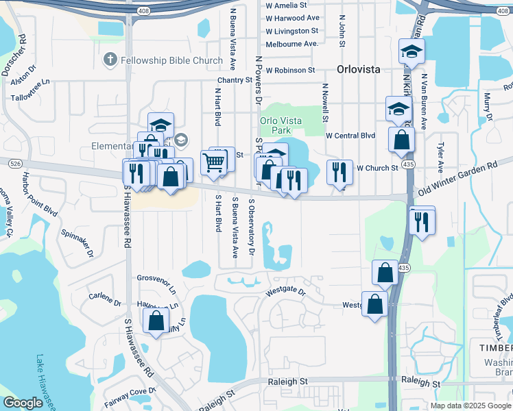 map of restaurants, bars, coffee shops, grocery stores, and more near 6320 State Highway 526 in Orlando
