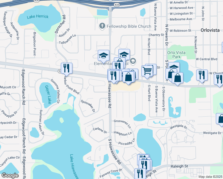 map of restaurants, bars, coffee shops, grocery stores, and more near 141 South Hiawassee Road in Orlando