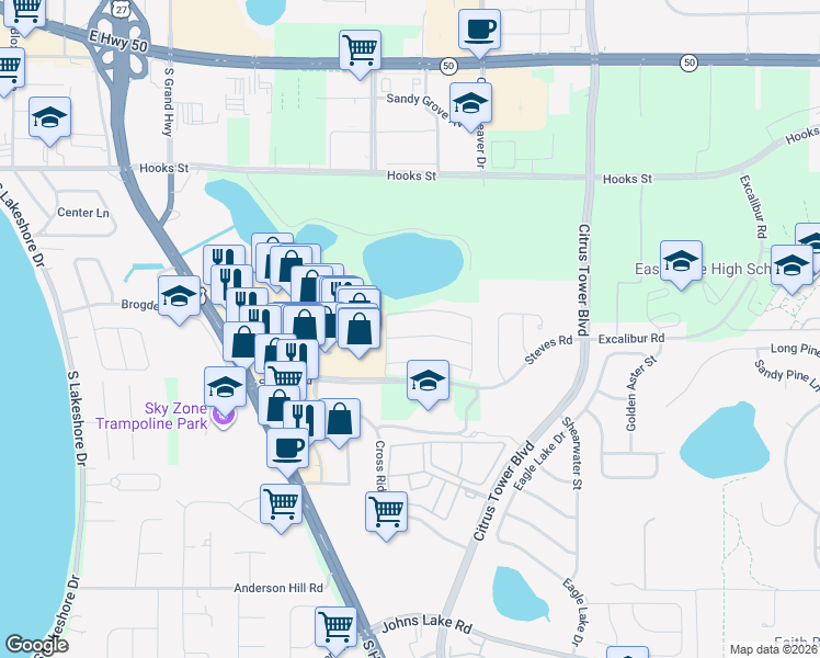 map of restaurants, bars, coffee shops, grocery stores, and more near 1420 Cabot Drive in Clermont