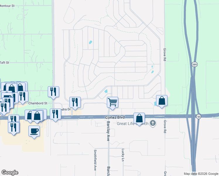 map of restaurants, bars, coffee shops, grocery stores, and more near 7362 Brookridge Central Boulevard in Brooksville