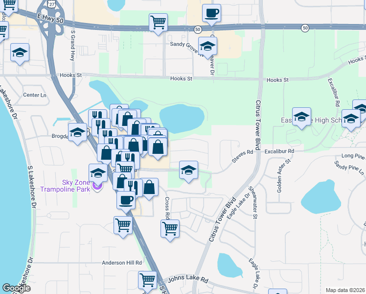 map of restaurants, bars, coffee shops, grocery stores, and more near 1420 Cabot Drive in Clermont