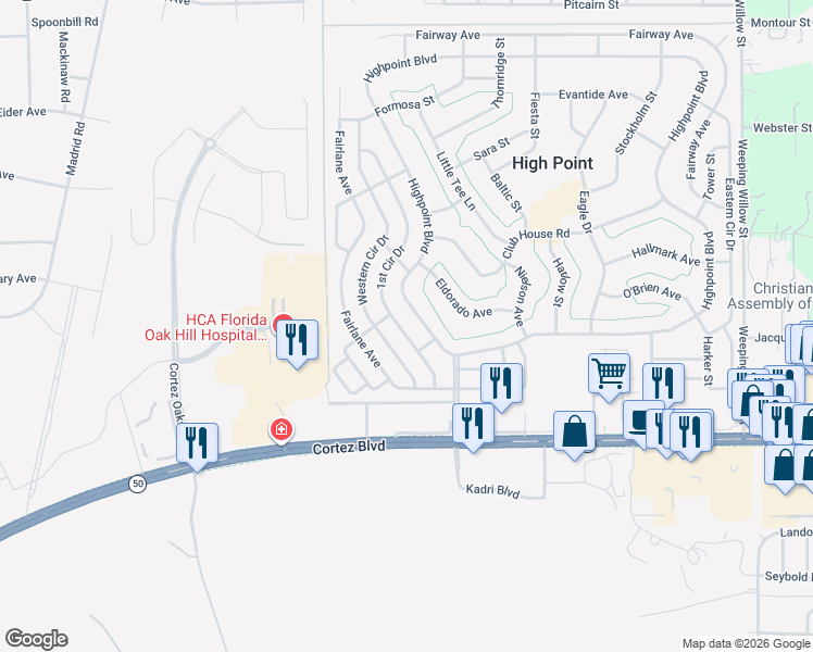map of restaurants, bars, coffee shops, grocery stores, and more near 7392 1st Circle Drive in Brooksville
