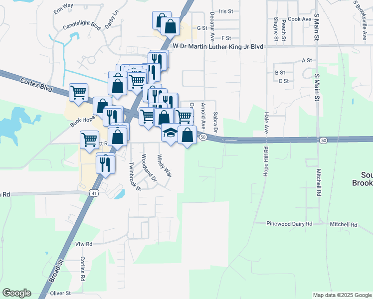 map of restaurants, bars, coffee shops, grocery stores, and more near 20180 Barnett Road in Brooksville
