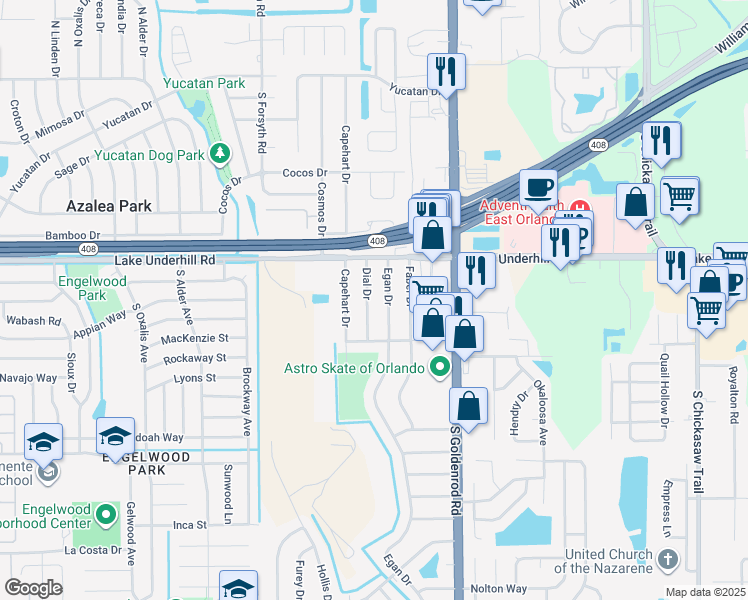 map of restaurants, bars, coffee shops, grocery stores, and more near 509 Dial Dr in Orlando