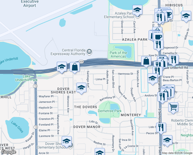map of restaurants, bars, coffee shops, grocery stores, and more near 5211 Lima Place in Orlando