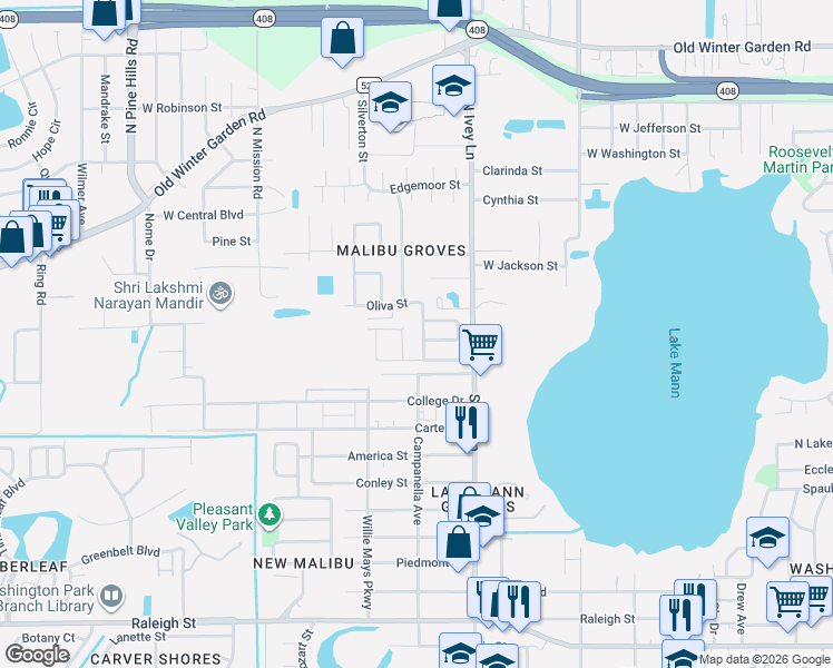 map of restaurants, bars, coffee shops, grocery stores, and more near 434 Fanfair Avenue in Orlando