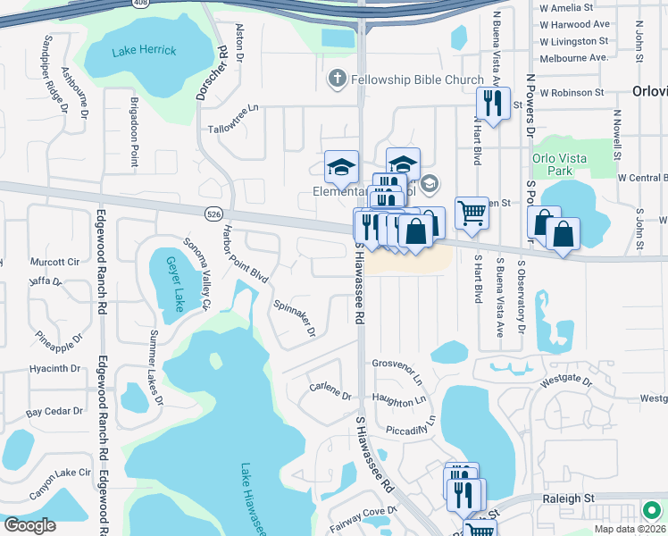 map of restaurants, bars, coffee shops, grocery stores, and more near 7029 Harbor Heights Drive in Orlando