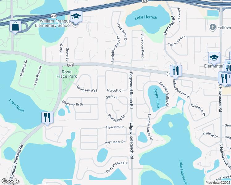 map of restaurants, bars, coffee shops, grocery stores, and more near 7857 Murcott Circle in Orlando