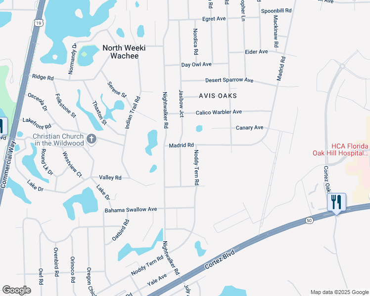 map of restaurants, bars, coffee shops, grocery stores, and more near 7174 Madrid Road in Spring Hill