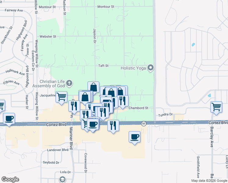 map of restaurants, bars, coffee shops, grocery stores, and more near 13255 Jacqueline Road in Brooksville