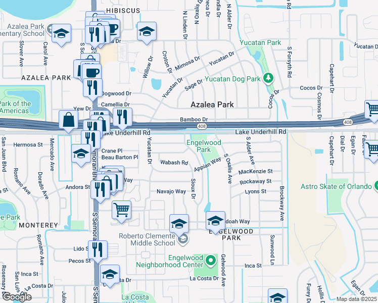 map of restaurants, bars, coffee shops, grocery stores, and more near 6032 Chenango Lane in Orlando