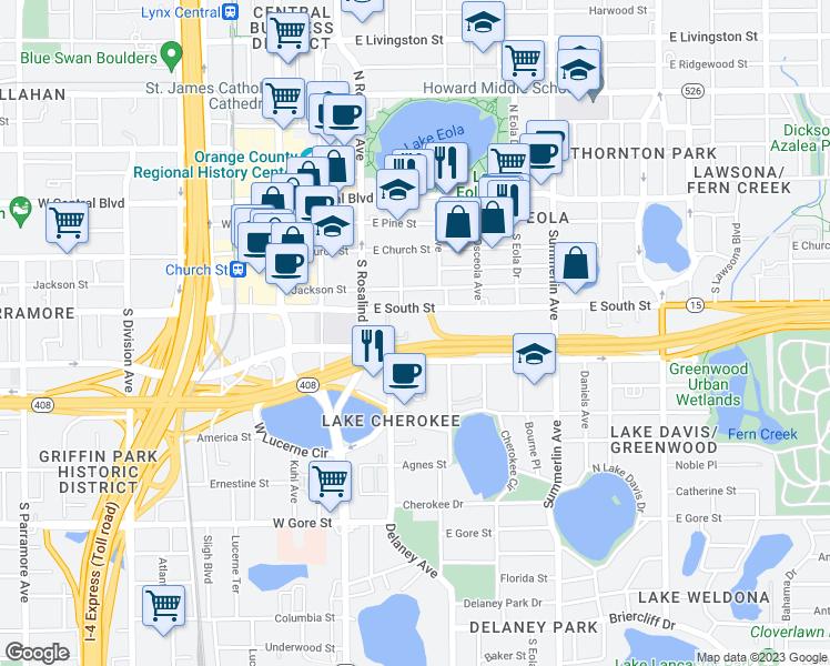 map of restaurants, bars, coffee shops, grocery stores, and more near Spessard L. Holland East-West Expy in Orlando