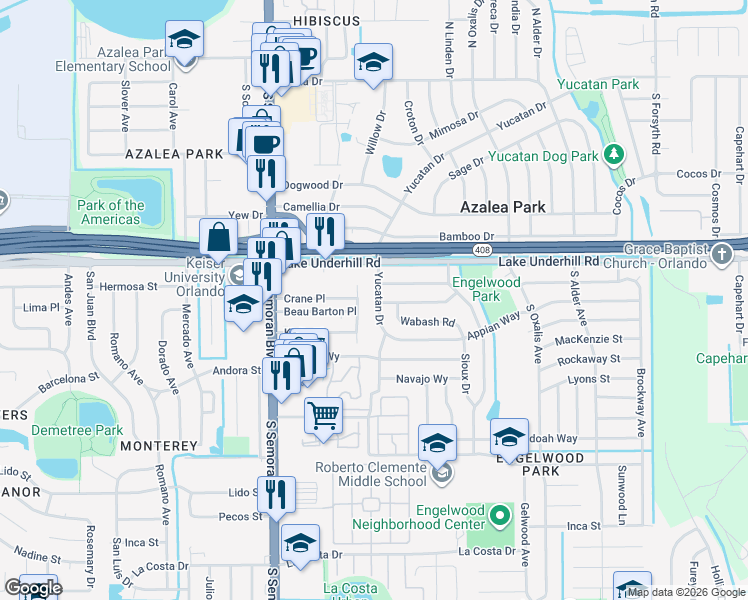 map of restaurants, bars, coffee shops, grocery stores, and more near 438 Yucatan Drive in Orlando
