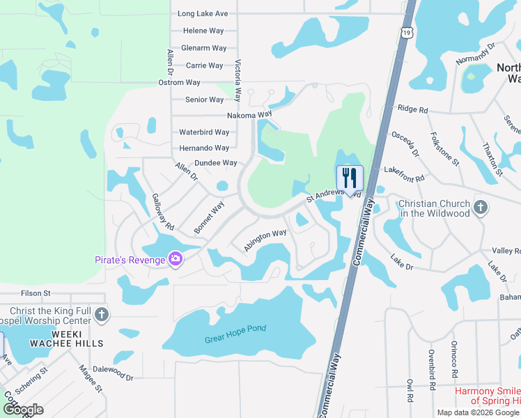 map of restaurants, bars, coffee shops, grocery stores, and more near 7620 Saint Andrews Boulevard in Weeki Wachee