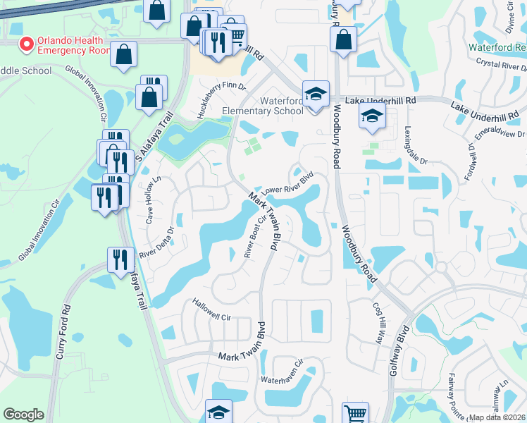 map of restaurants, bars, coffee shops, grocery stores, and more near 704 River Boat Circle in Orlando