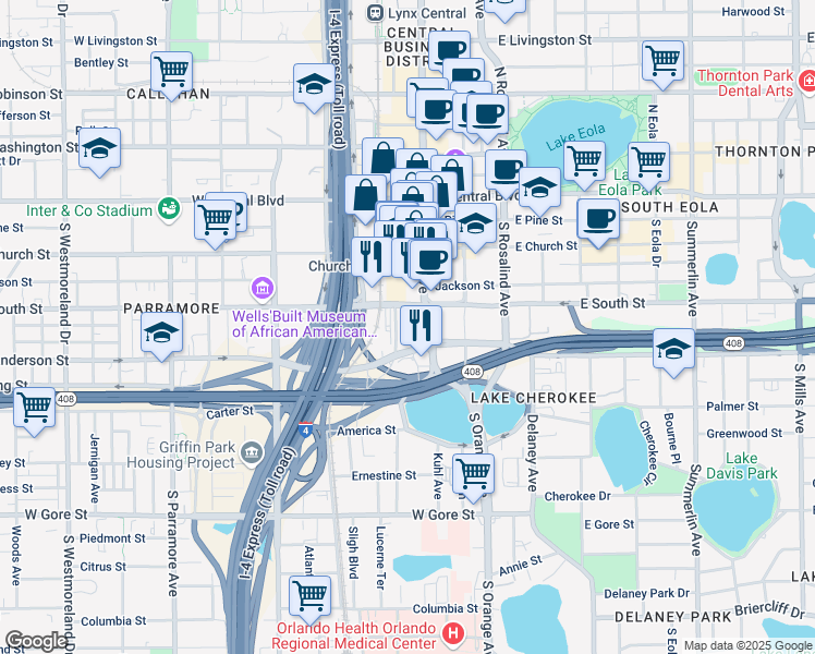 map of restaurants, bars, coffee shops, grocery stores, and more near 400 South Orange Avenue in Orlando