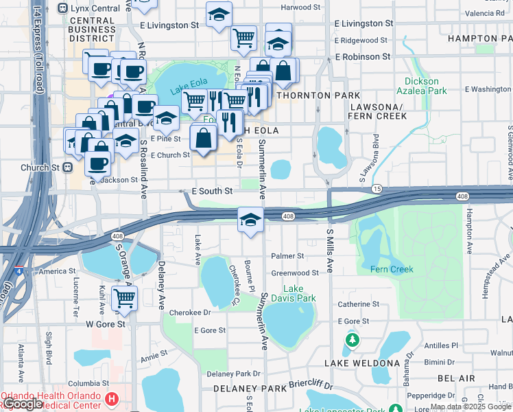map of restaurants, bars, coffee shops, grocery stores, and more near 420 South Summerlin Avenue in Orlando