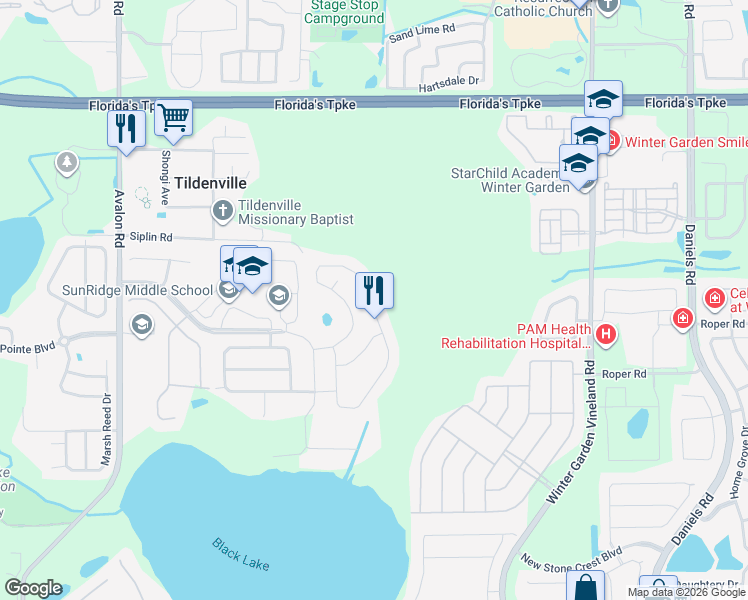 map of restaurants, bars, coffee shops, grocery stores, and more near 13995 Jomatt Loop in Winter Garden